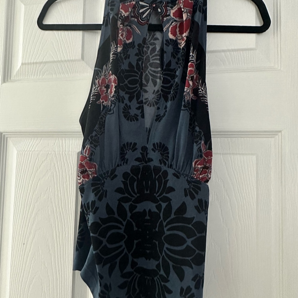 Free People Blue and Black Floral Velvet Burnout Halter Top